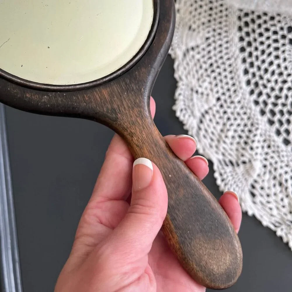 Vintage Wooden and Silver Vanity Hand Mirror Rustic Victorian Decor